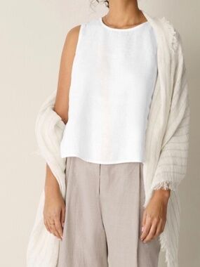 NWOT $148 Eileen Fisher striped organic linen scarf wheat & white fringed